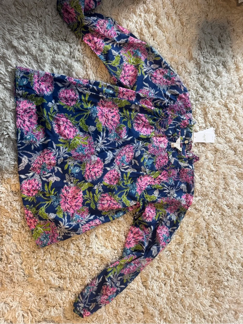 Lilly Pulitzer Navy Floral Long-Sleeve Blouse - Pink & Green